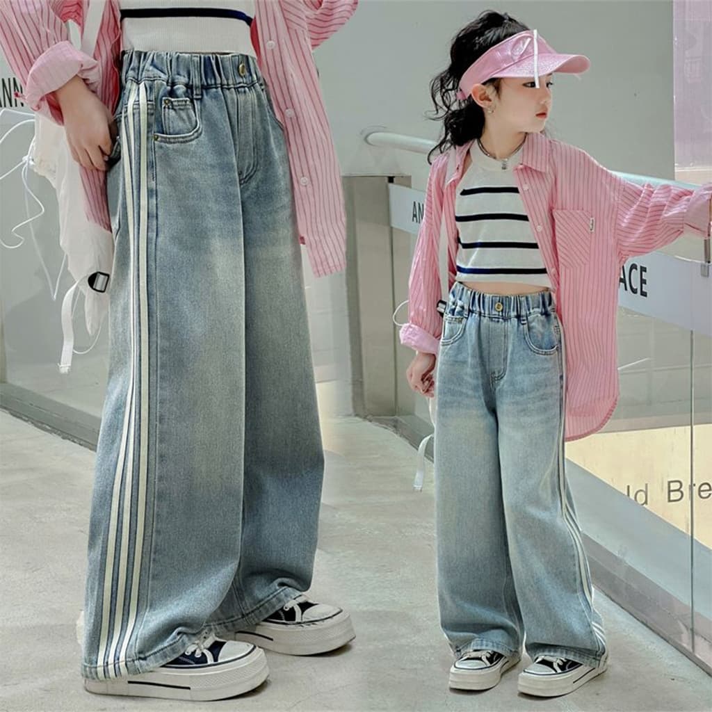 Girls' jeans 2026 spring children's loose wide-leg pants trousers medium and large children's striped blue casual pants