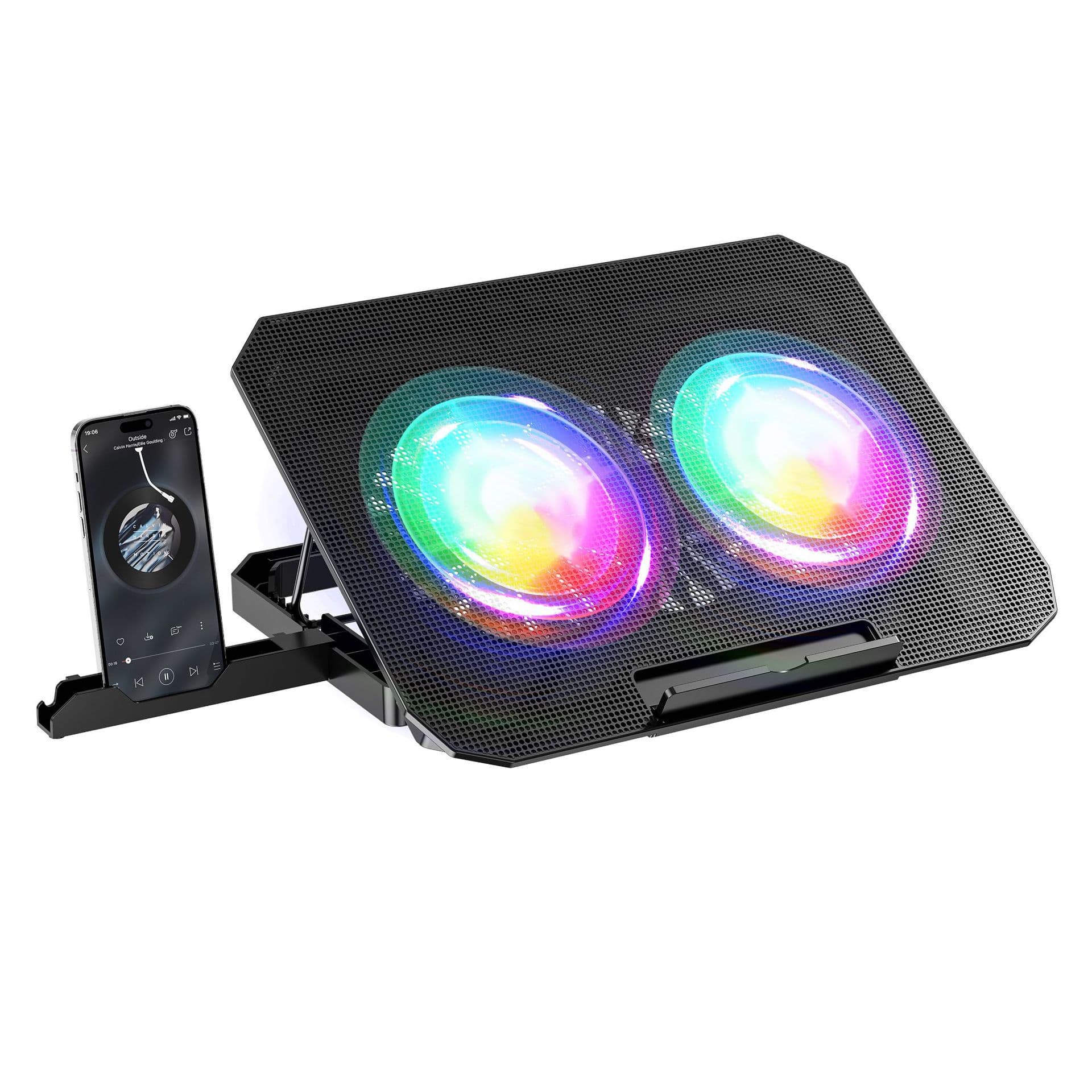 New laptop cooler with RGB dual fans, 7-level adjustable stand, and phone holder.