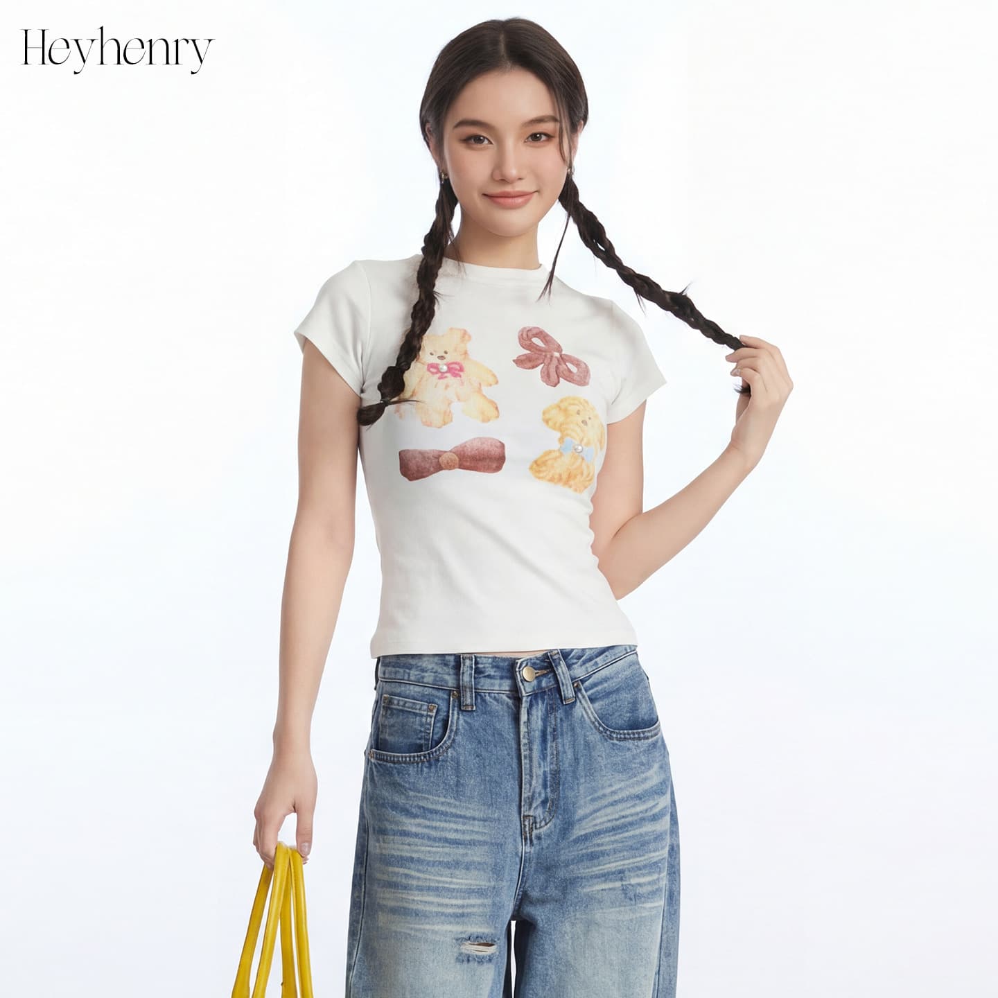 Heyhenry Cartoon Slim-Fit Short-Sleeve T-Shirt for Women, Summer Round-Neck Printed Short Bear Top
