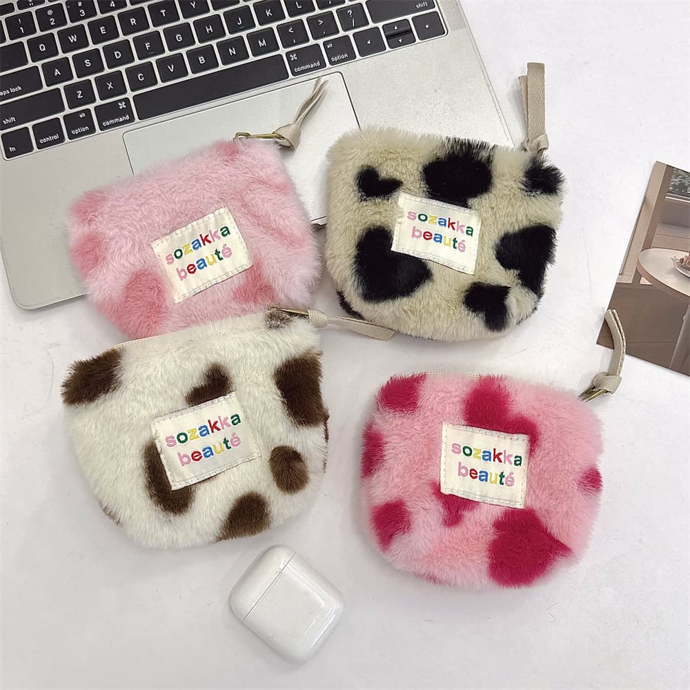 311202 Cute Plush Heart-Shaped Small Bag, Coin Purse, Earphone Storage Bag, Lipstick & Cosmetic Storage Portable Bag