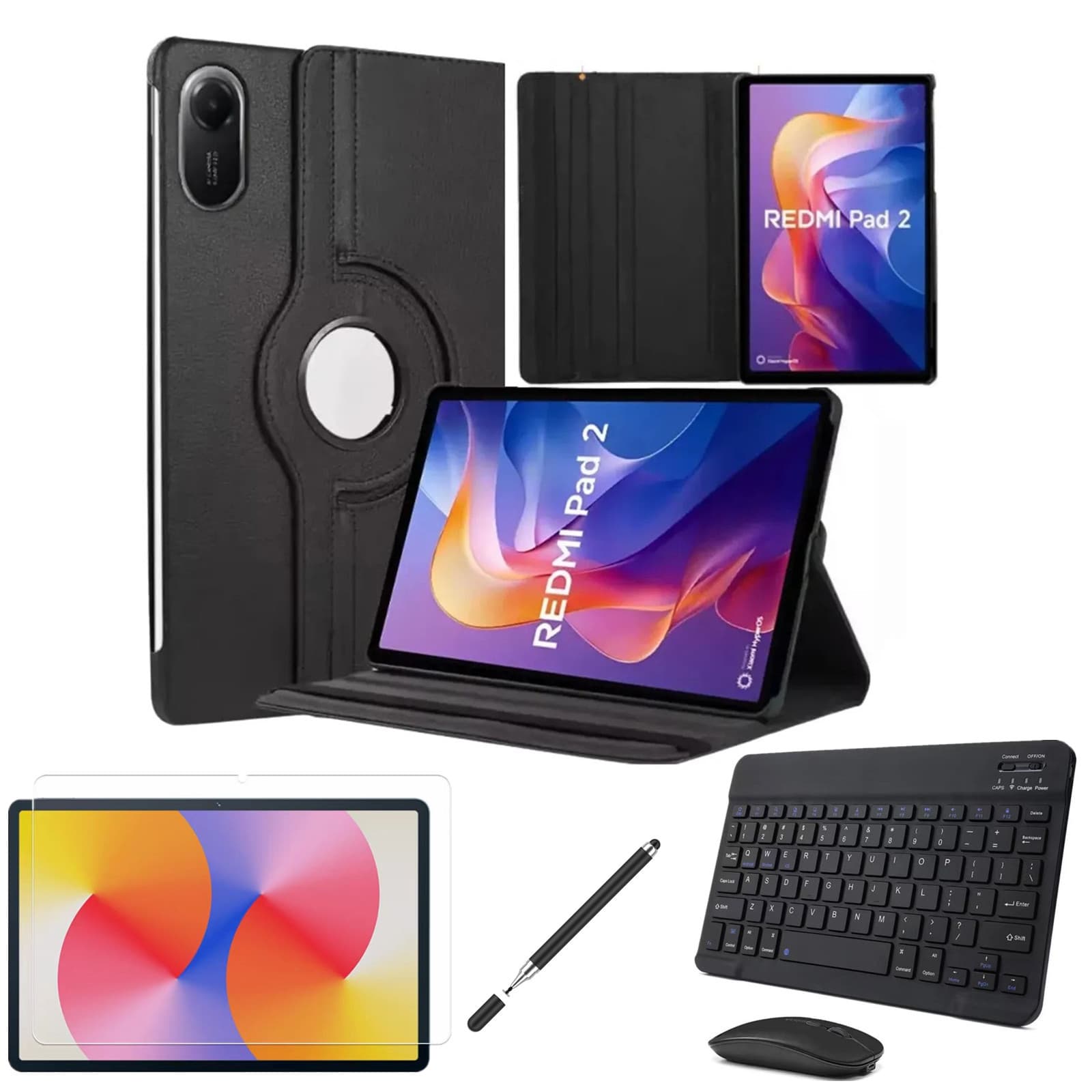 Suitable for 2025 Redmi Pad2 Litchi Pattern Rotating Leather Case 11-inch Wireless Bluetooth Keyboard Protective Case Small Language