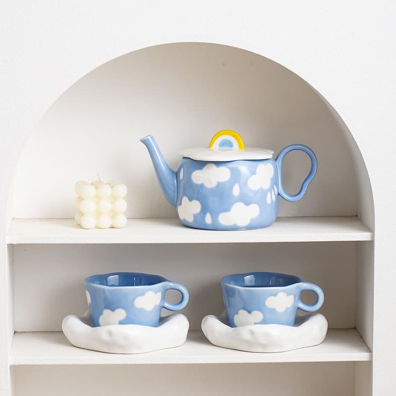 Cross-Border Hot-Selling Underglaze Blue Sky and White Clouds Ceramic Hand-Kneaded Coffee Cup and Saucer Set with Tray Mug Water Cup