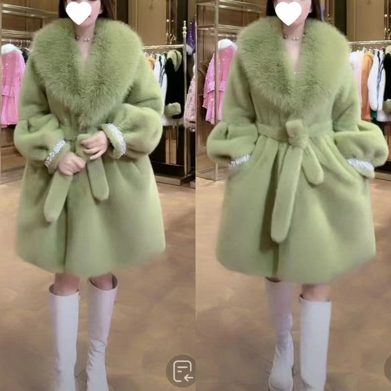 Winter Elegant Women's Fur Coat with Mink Fur Lining, Fashionable Thick Fox Fur Collar Overcoat