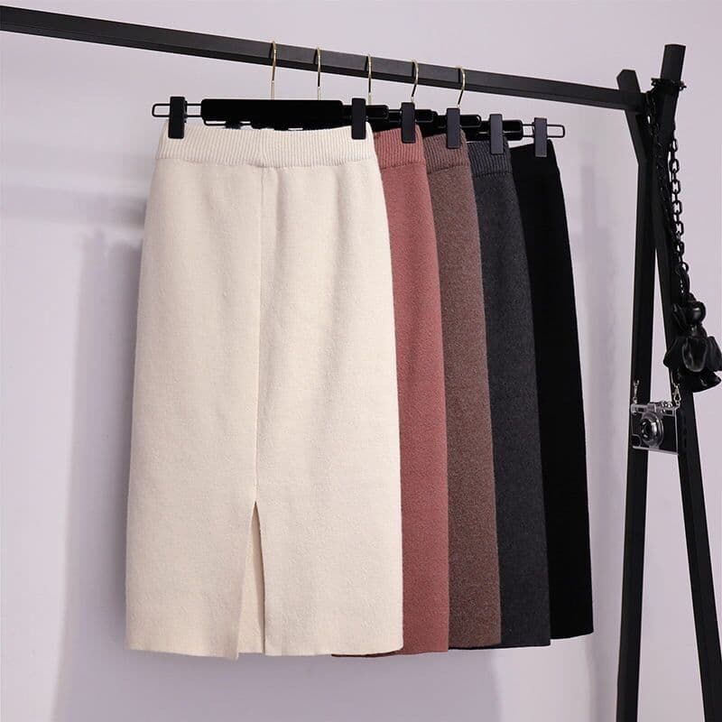Mid-Length Knit Skirt for Women Winter High-Waist Pencil Skirt Bodycon Long Skirt Thick Slit Wool Knit Dress