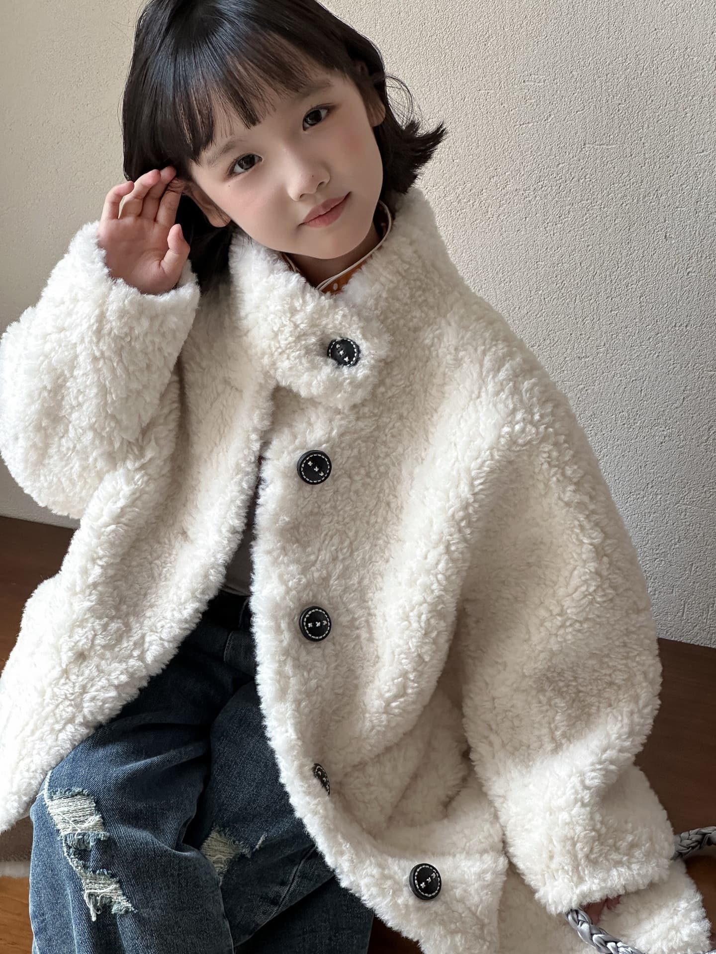 Korean Style Autumn Winter New Kids Faux Fur Coat Faux Wool Fleece-Lined Jacket Mid-Length Older Children Stand Collar Thick