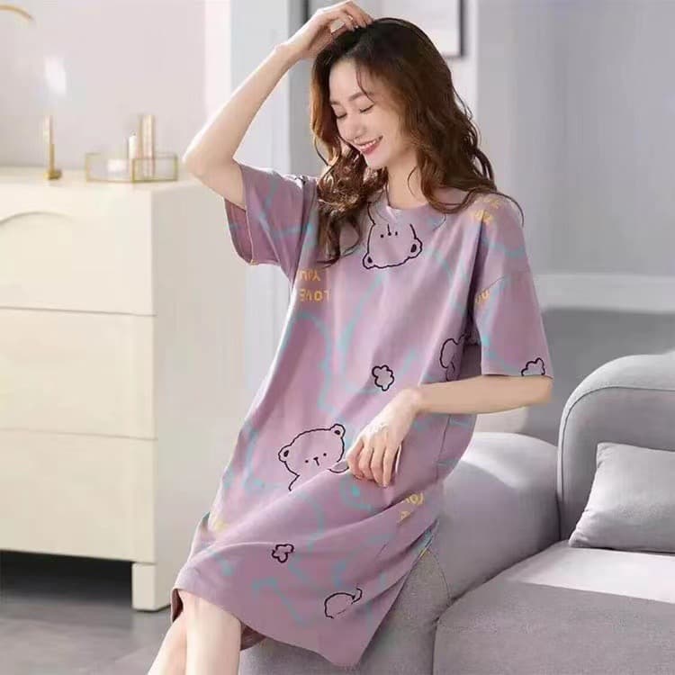 Factory Direct Short Sleeve Sleep Dress Women Summer Sweet Cute Cartoon Wearable Plus Size Midi Sleep Dress Cross-border