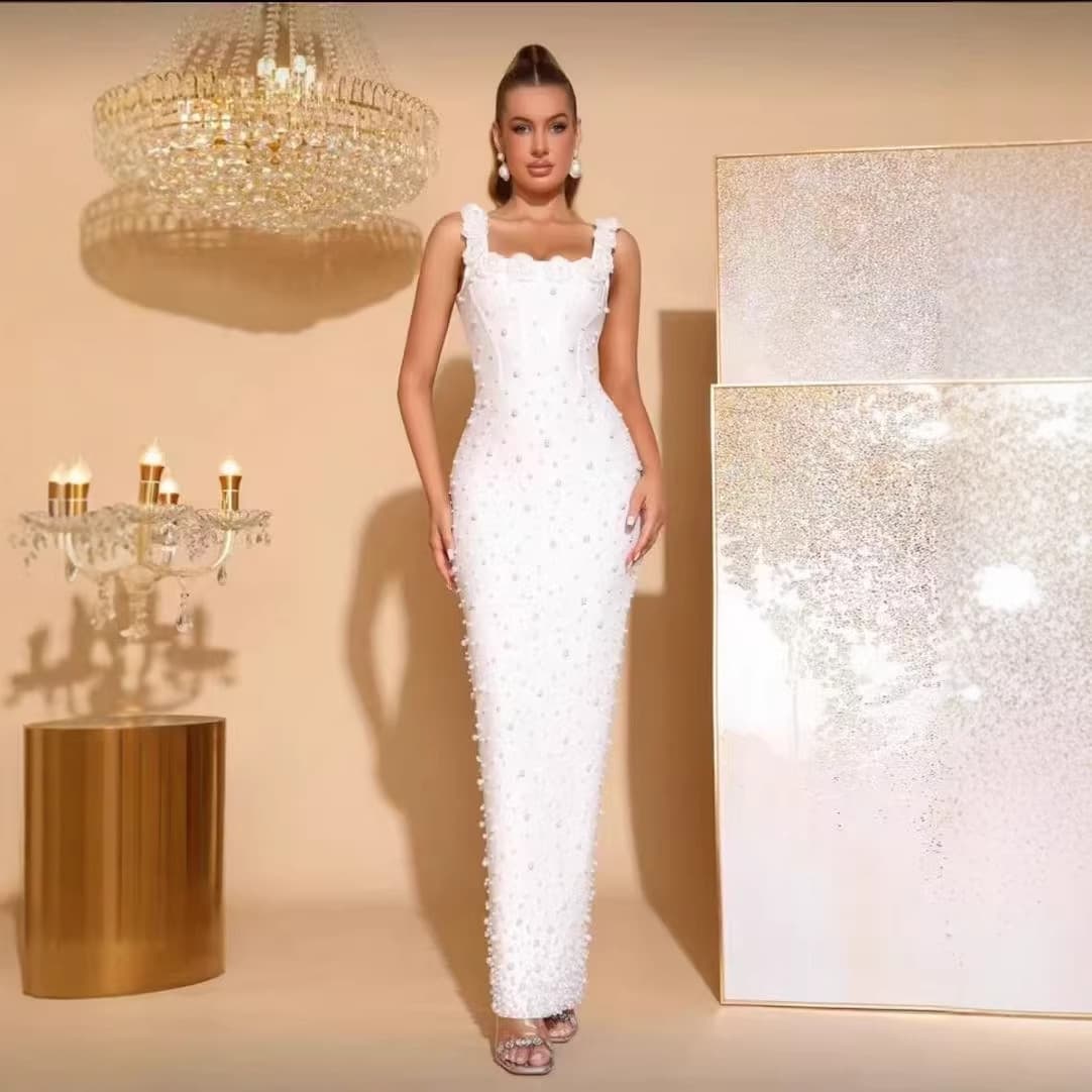 European and American Beaded Flower Embellished Fitted Sleeveless Square Neck Camisole Bandage Dress Stretchy Sexy Women's Long Gown