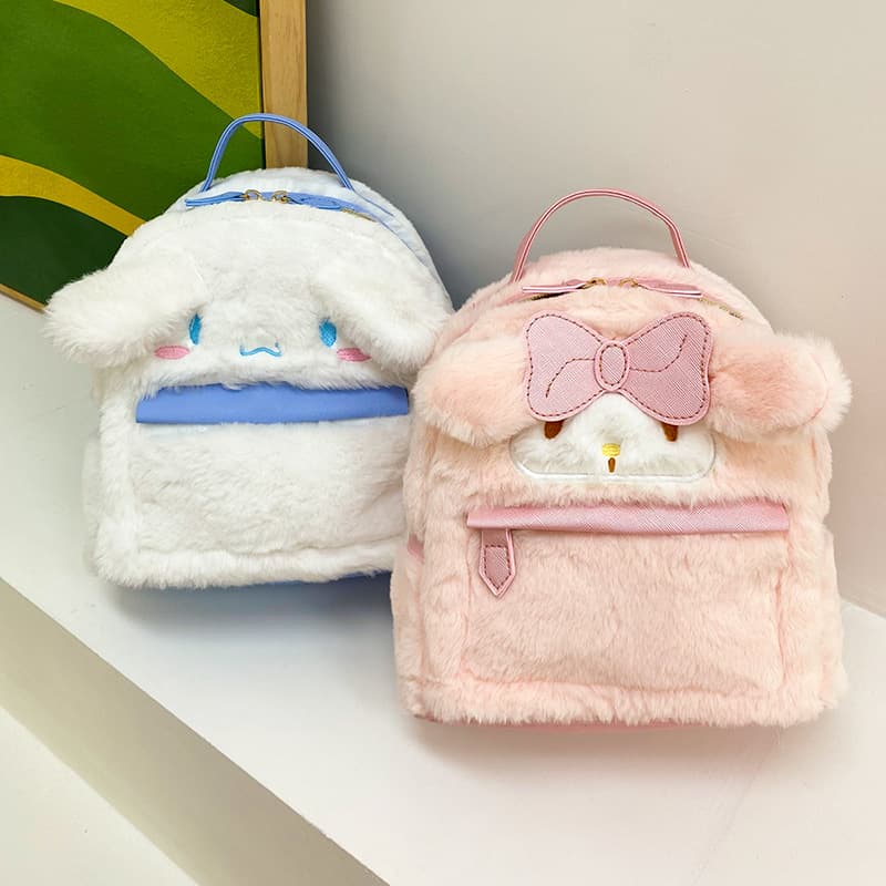 New cute fluffy Cinnamon Dog My Melody backpack, plush cartoon backpack, factory direct sales wholesale.