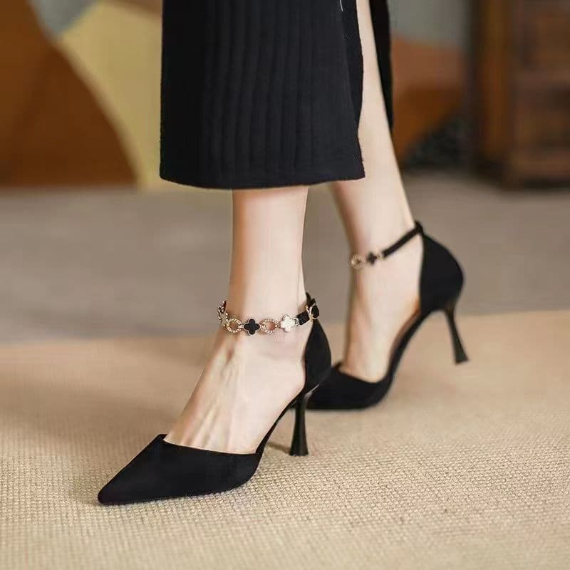 Pointed Toe Velvet Celebrity Style High Heels for Women, Stiletto Spring/Summer Hollow Sexy Commuting One-Strap Buckle Ankle Strap Sandals