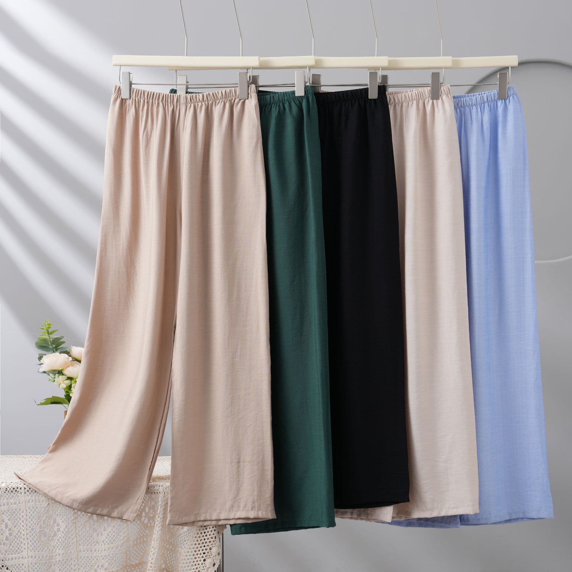 Solid Color Silk-Cotton Sleep Pants for Women, Summer Thin Straight Loose Home Pants, Wearable Outside, Draping Versatile Plus Size Lightweight