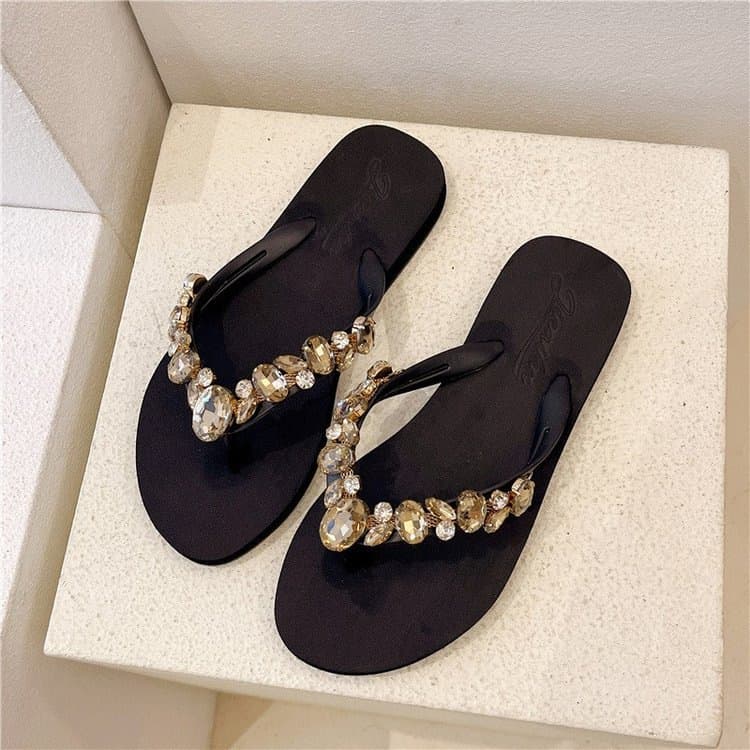 Rhinestone Flip Flops for Women, Sparkle Thong Sandals, Summer Non-Slip Flat Home Slippers, Glitter Beach Sandals