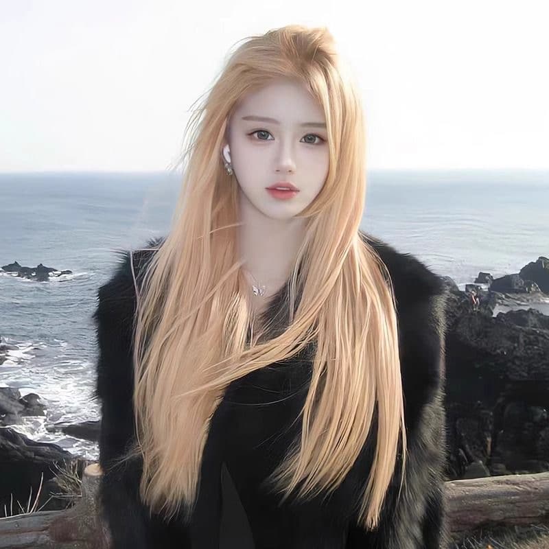 Golden Long Straight Hair Wig Women's Half-Up Parting Rose Bangs Realistic Human Hair Full-Coverage Ladies' Hairpiece