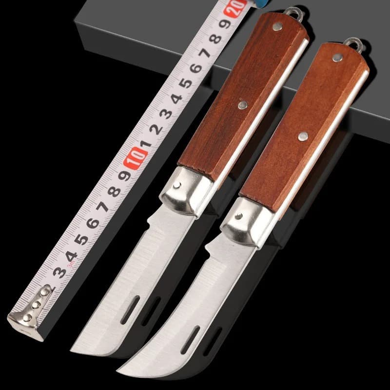 Grafting Knife with Wooden Handle, Old-Style Special Peeling Knife, Multi-Function Cable Stripper, Curved Blade Electrician Knife