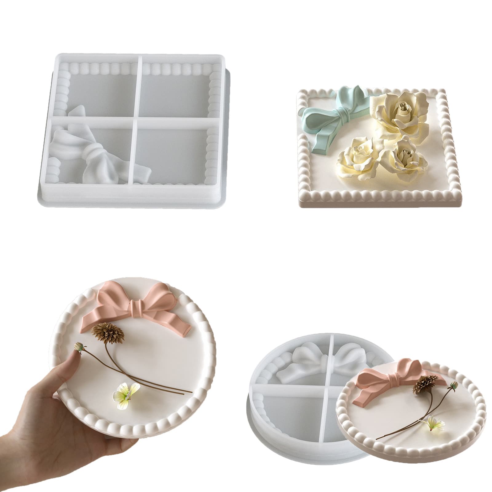 Bow tie polka dot round tray resin silicone mold glue diy square plaster dish coaster