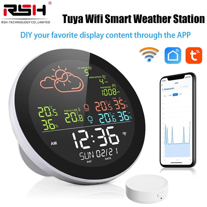RSH All-in-One Smart WiFi Thermometer Weather Radio Wave Station, Indoor/Outdoor Thermometer Hygrometer Weather Clock