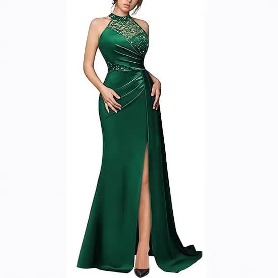 Amazon Women's Sexy Spaghetti Strap Sequin Lace Satin High Slit Ruffle Style Evening Party Maxi Dress