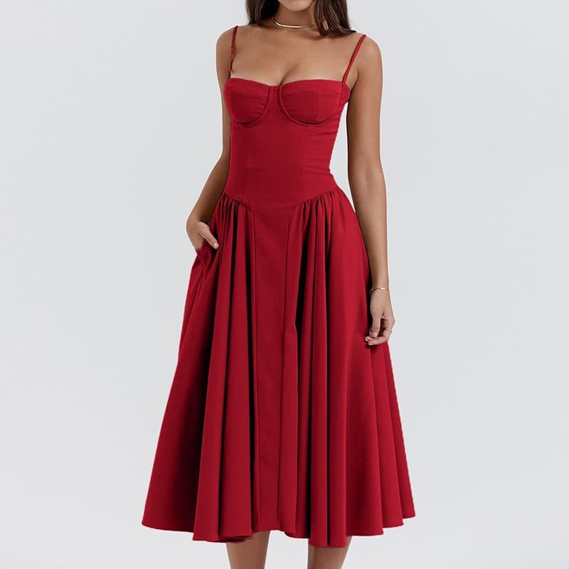 Amazon Summer European and American Hot Selling Strapless Dress New Waist-Cinching Fashionable Sexy Red Spaghetti Strap Dress