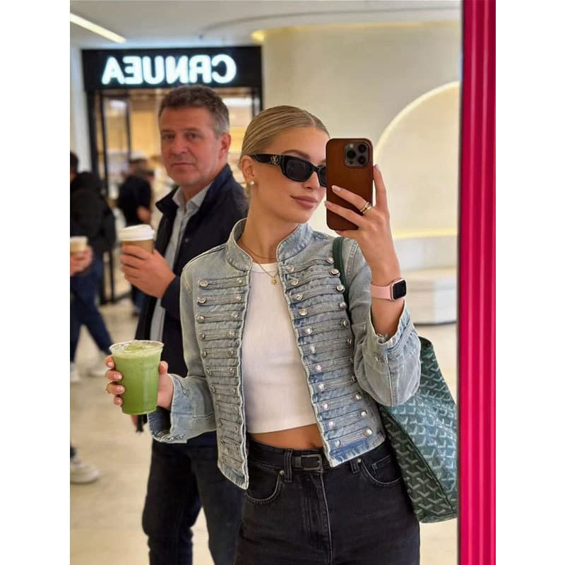American Street Style Stand Collar Denim Jacket with Multi-Button Front Placket, Visible Stitching, Slim Fit Cropped Coat for Women
