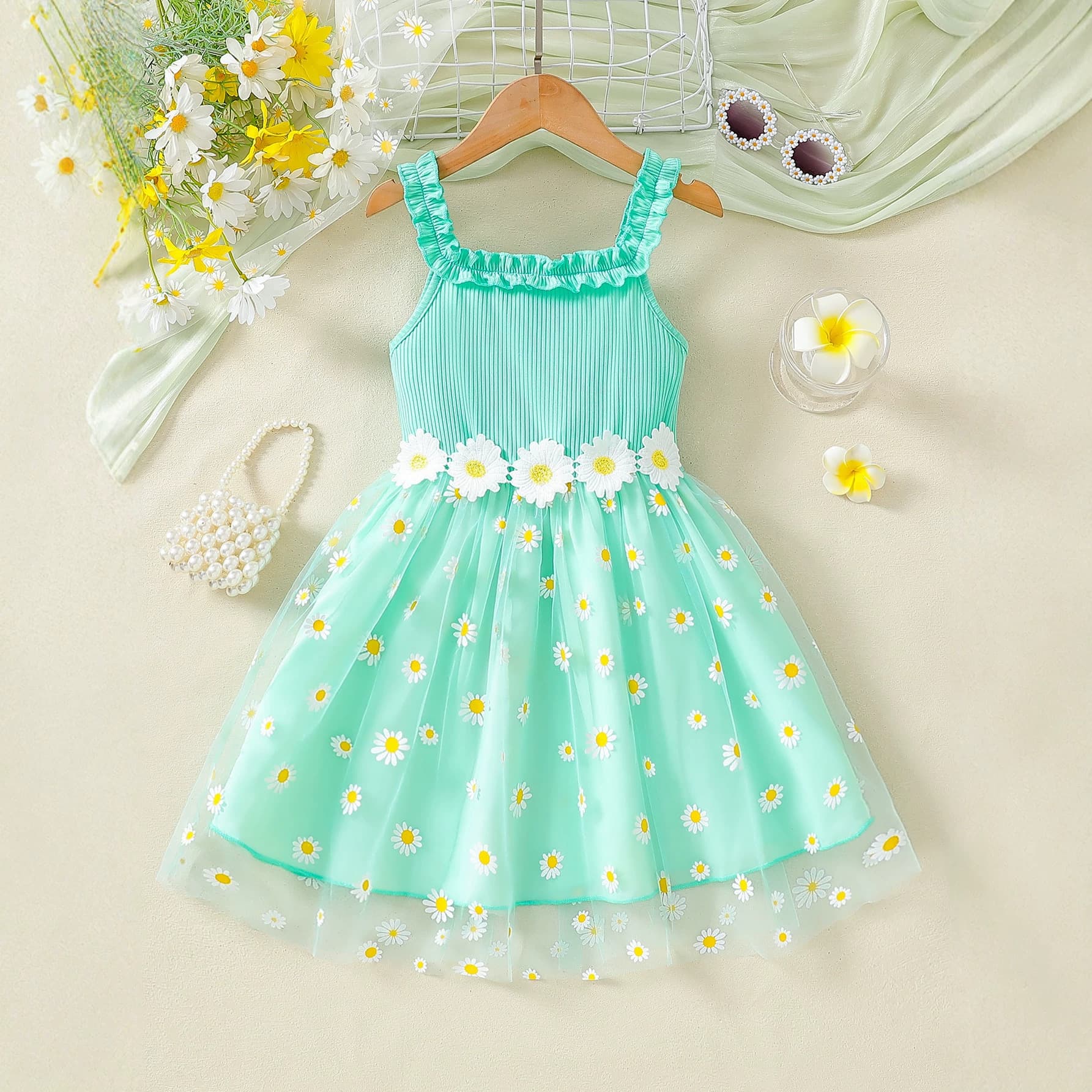 Girls' Mint Green Ruffled Strap Dress with Small Daisy Mesh, New Summer Style Children's Holiday Puffy Tulle Dress