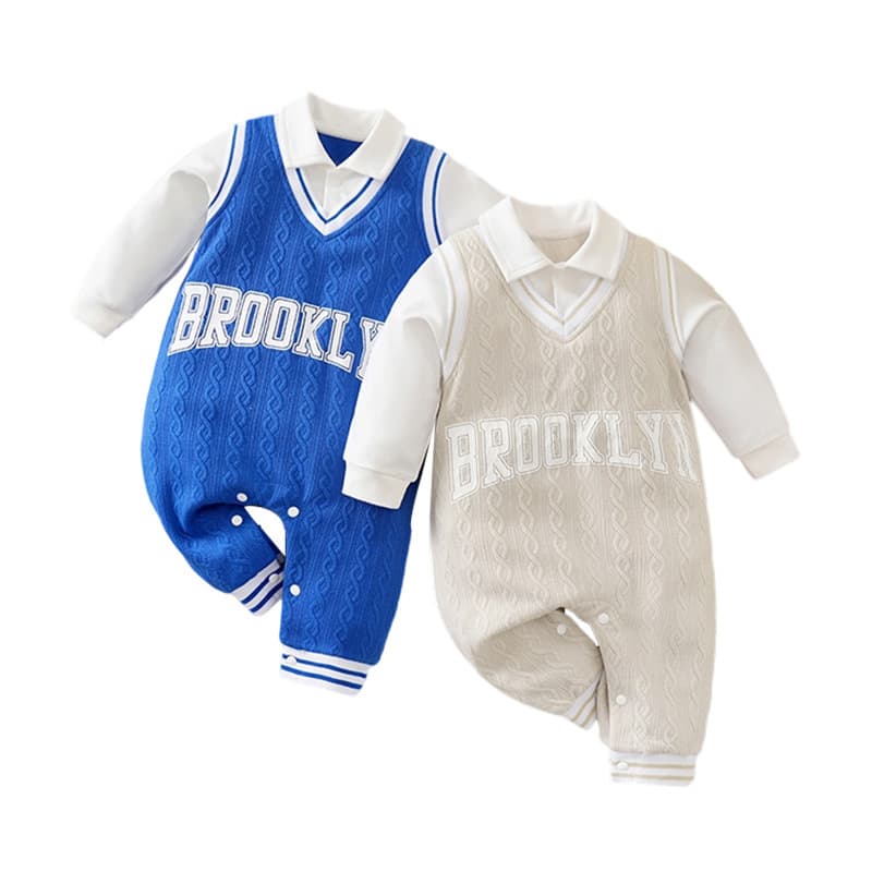 Baby Boy Fall Clothes Preppy Style Infant Romper British Style Jumpsuit Turn-Down Collar Fake Two-Piece Outfit Stylish