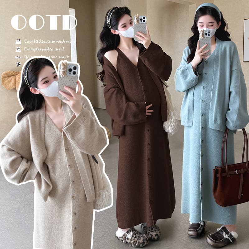 2025 Autumn/Winter Maternity Wear: Stylish, Simple, Loose-fitting Coat + Slip Dress Two-Piece Set