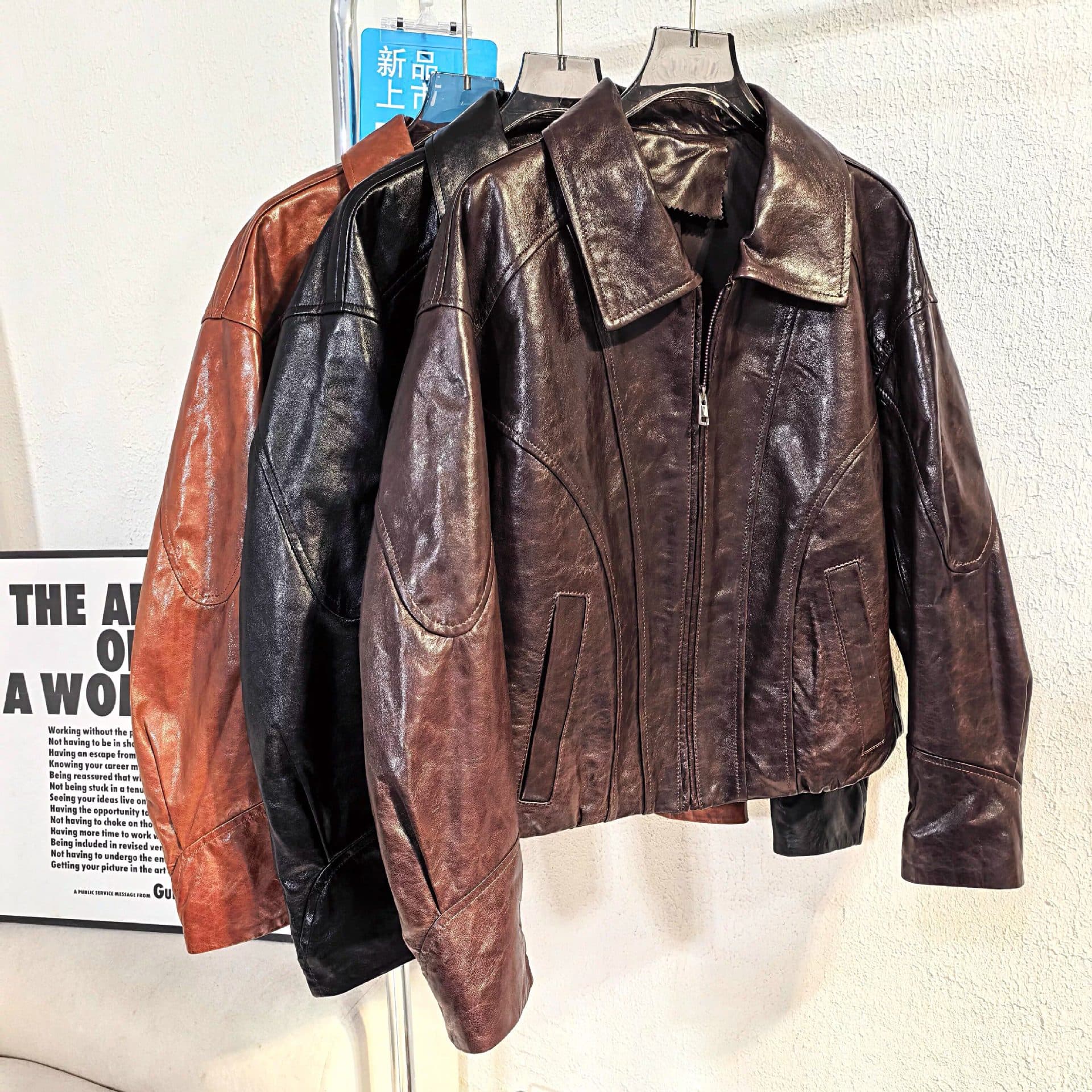 Imported Sheepskin Waxed Leather Genuine Leather Jacket 2026 Spring Motorcycle Jacket Turn-down Collar Loose Short Coat