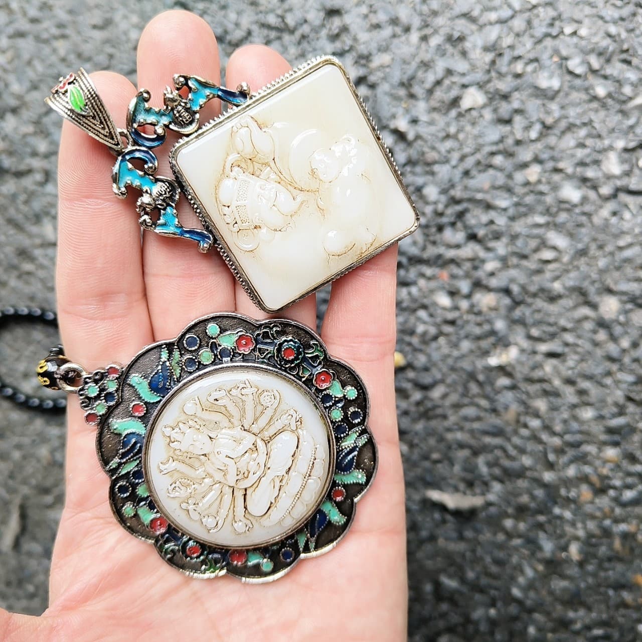 Antique collection cloisonné inlay pendant imitation white jade old Thousand-hand Guanyin God of Wealth amulet necklace jade pendant