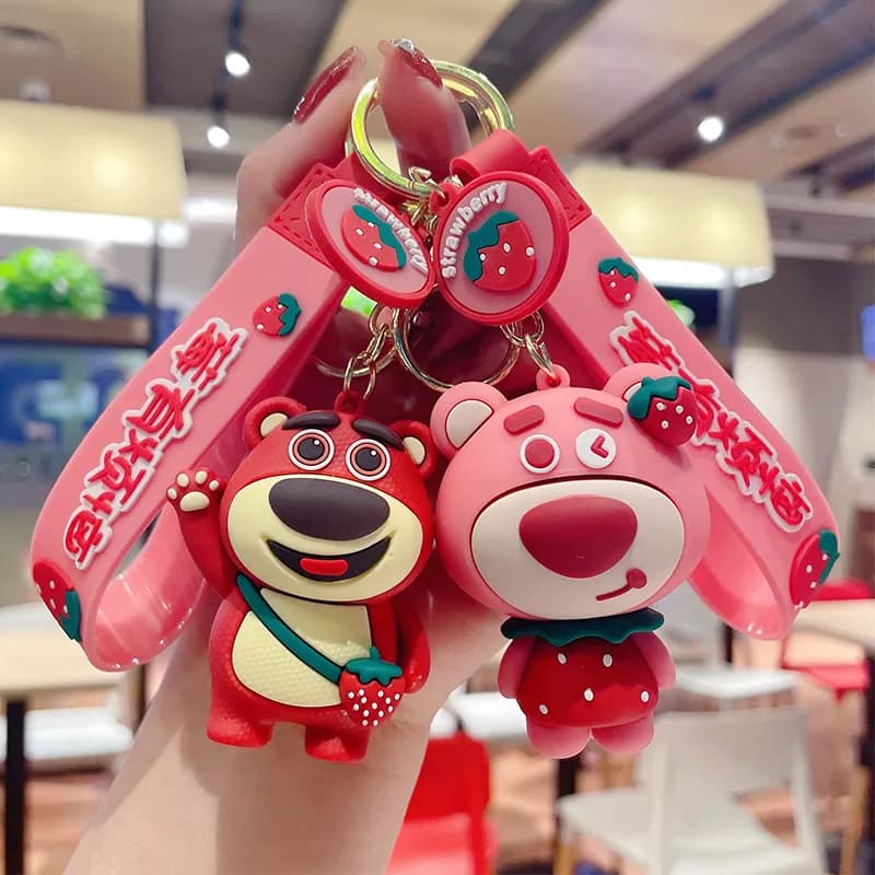 Trendy Strawberry Bear Keychain Cartoon Strawberry Bear Keychain Car Key Holder Doll Machine Small Gift
