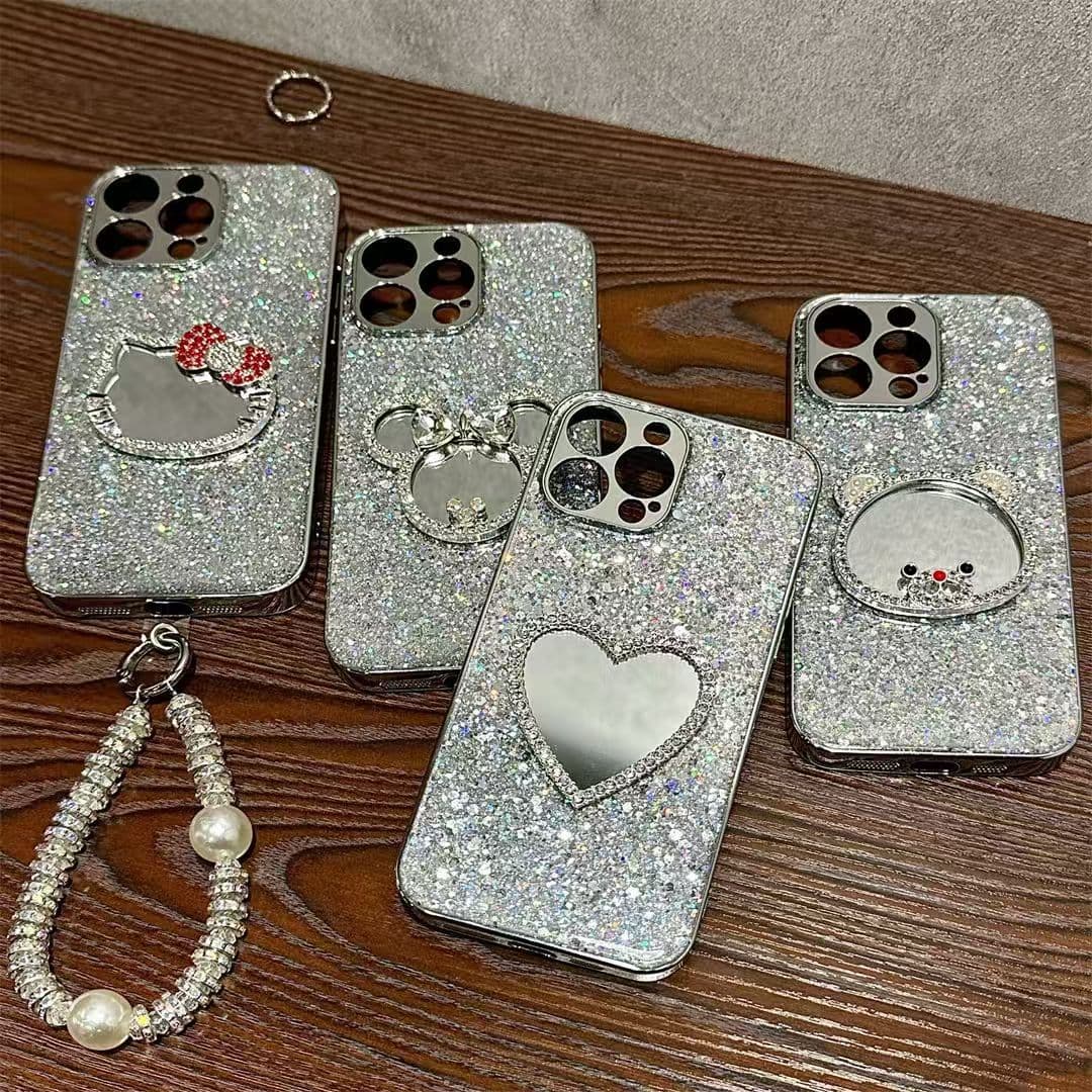 Luxury Silver Glitter Heart Mirror Case for Apple iPhone 17 Pro Max, New iPhone 16 Pro Compatible