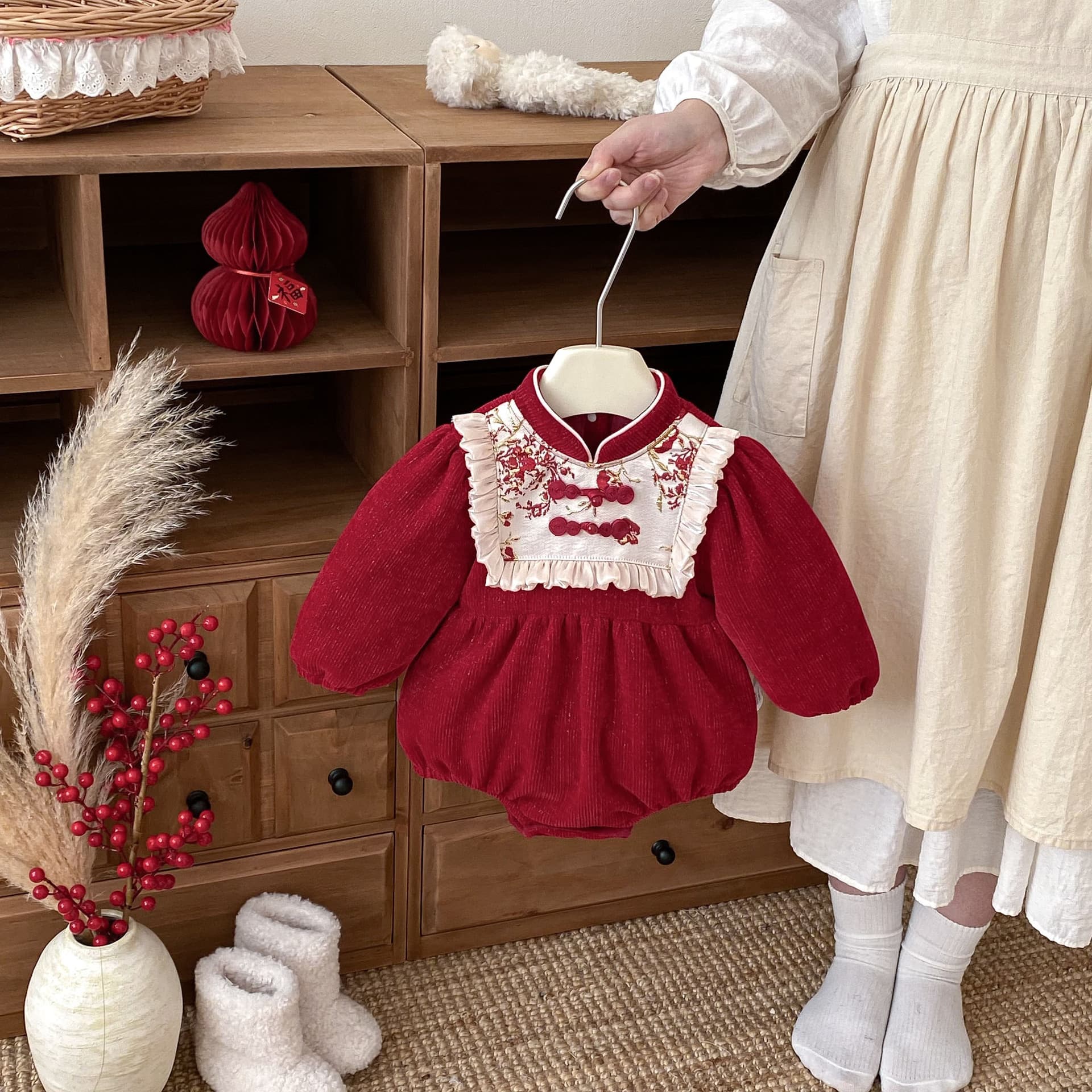 New Year Visiting Outfit Baby Festive Winter Chinese Style Warm Red Babygrow New Year Clothes Winter Romper