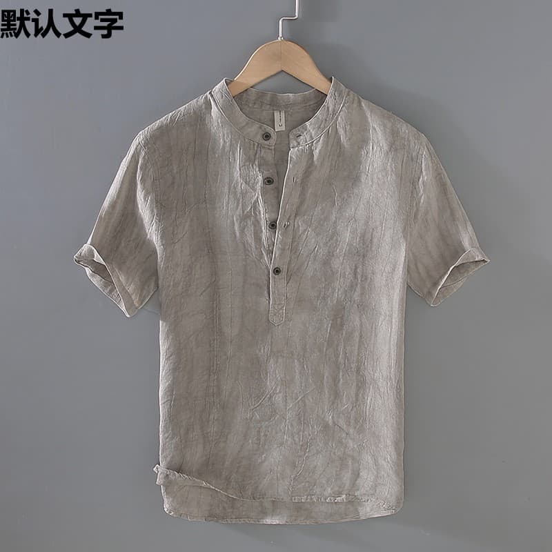 Summer Linen Short Sleeve T-Shirt for Men, Stand Collar Cotton-Linen Fabric, Collarless Top, Trendy