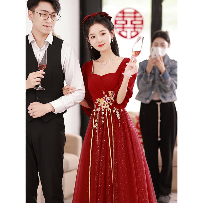 Plus Size Wedding Toast Dress Bride Slimming 2025 New Wine Red Fat mm Wedding Engagement Return Door Dress Women High-end Sense