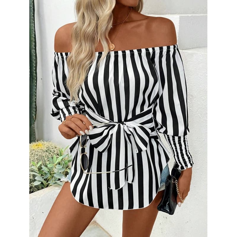 2026 New Women's Fashion Loose Off-Shoulder Lantern Sleeve Asymmetric Hem Striped Blouse