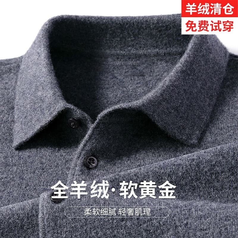 New Autumn/Winter Cashmere Sweater for Men, 100% Pure Cashmere, Turn-down Collar, Thick Knit, Middle-aged Dad's Style, Base Layer