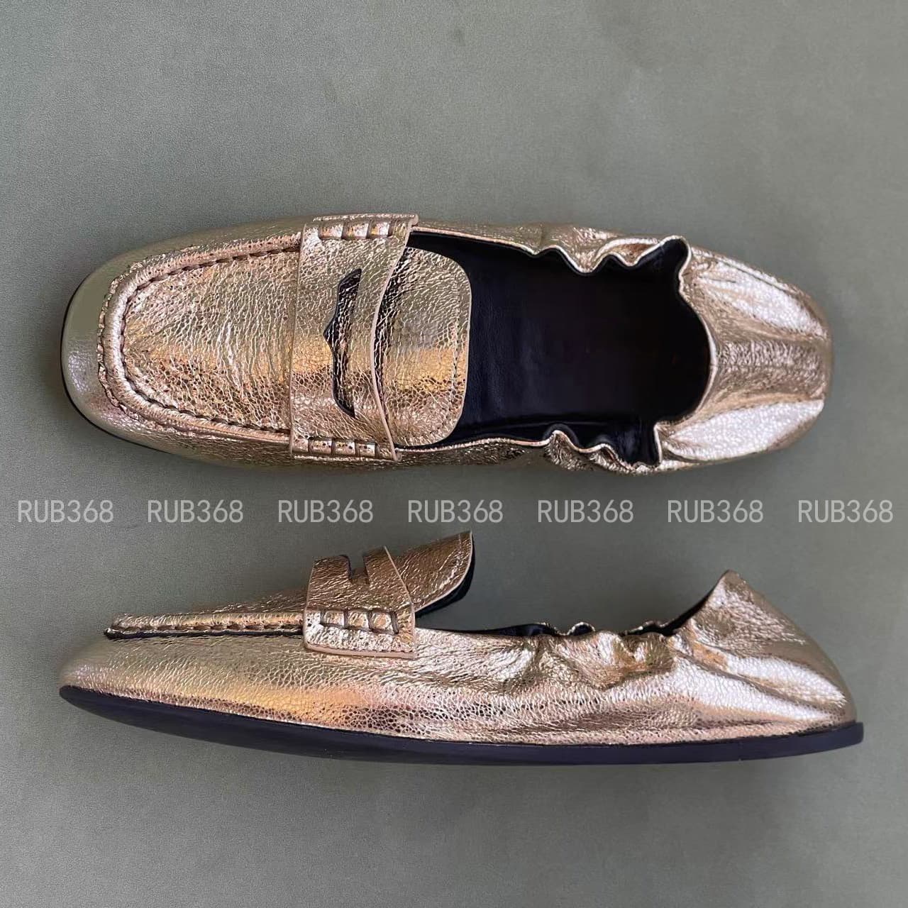 MIU Soft Sole Ballet Flat Shoes with Cracked Leather Finish, Non-Slip Egg Roll Loafers, Gold Women's Shoes