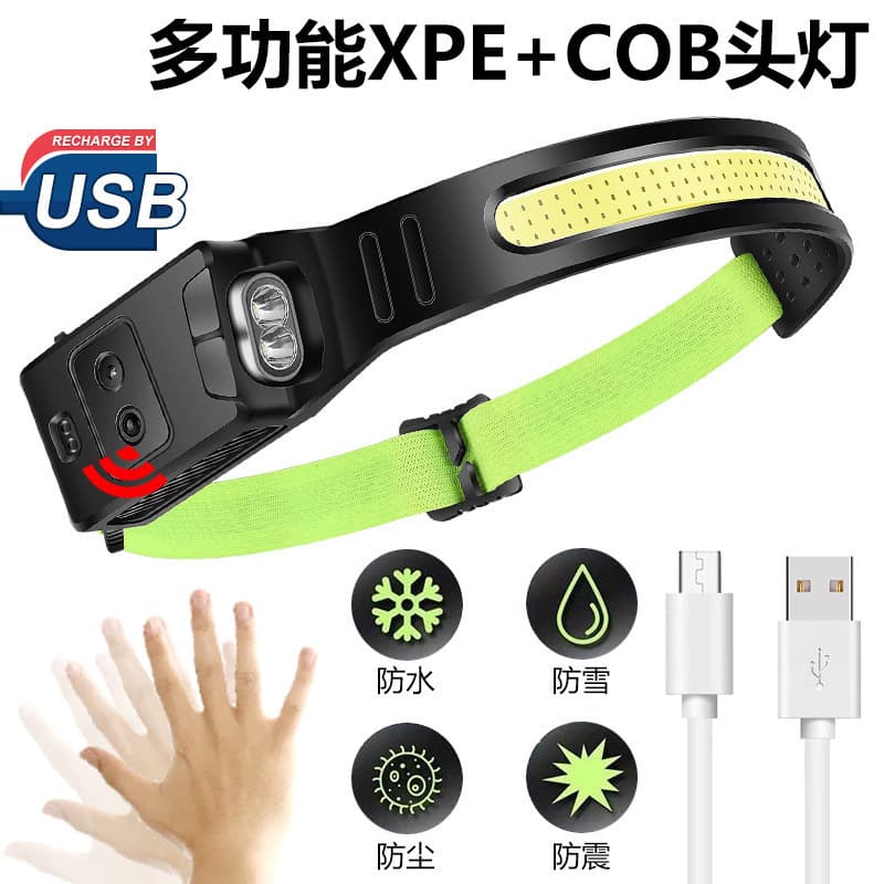 Cross-Border Rechargeable High-Power Headlamp Sensor COB Red Light Fishing Headlamp USB Charging Night Running Light LED High-Power Head
