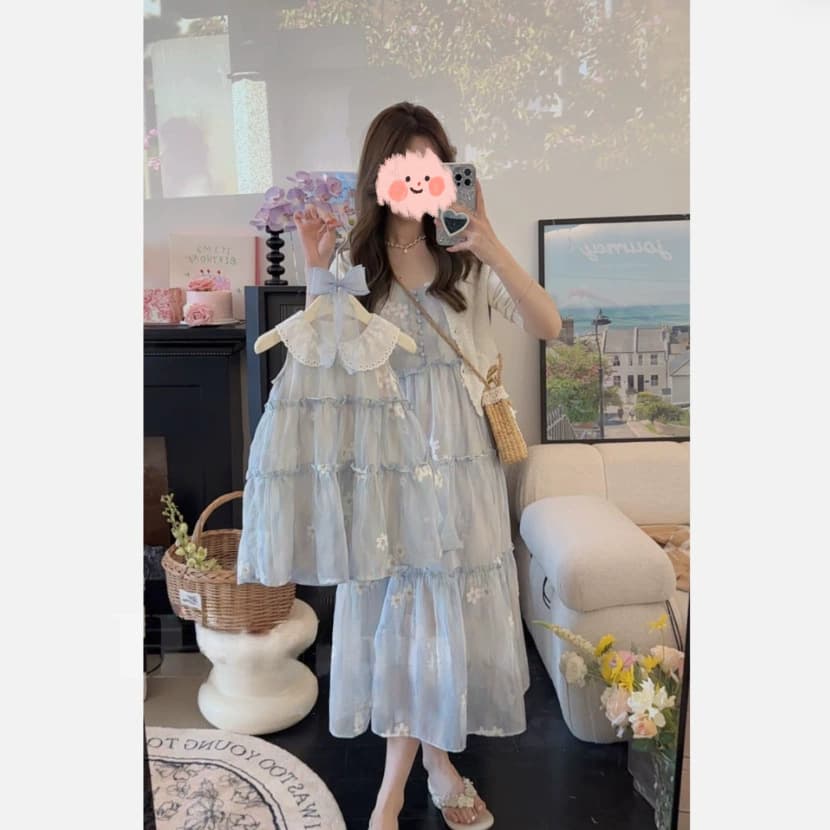 Parent-child wear new summer blue embroidered jacquard anti-tank dress Korean style lapel embroidered children's dress mother and daughter wear