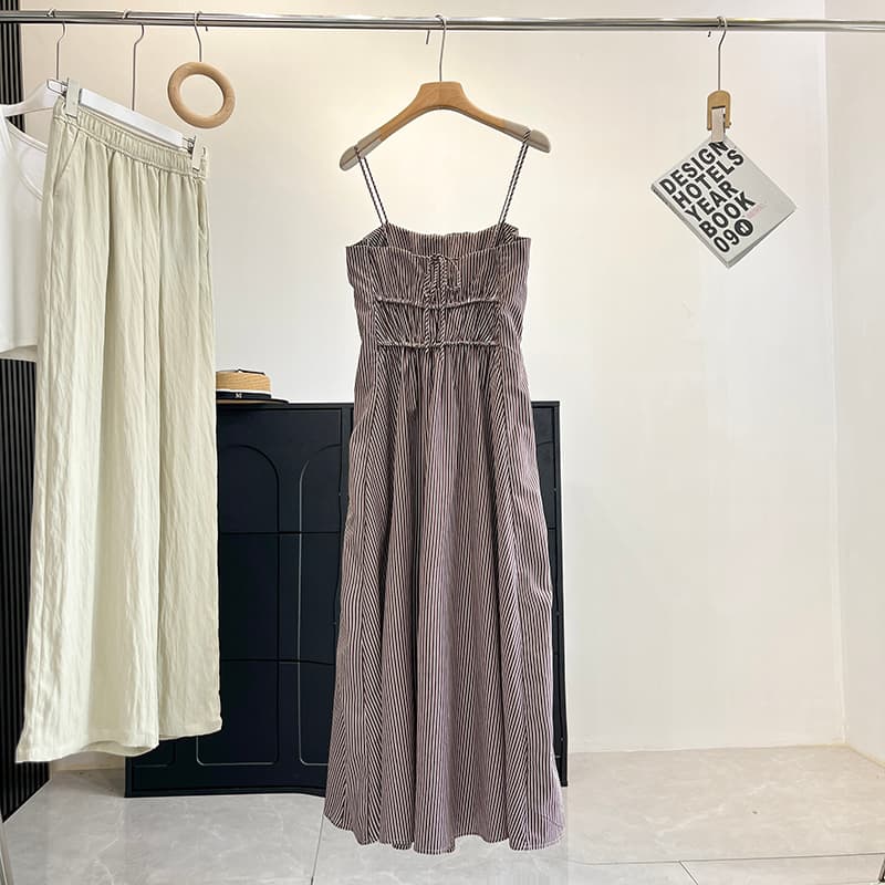 Nordic Style~ Mujuu 890+ Yarn-Dyed Striped Elastic High-Waist Corset-Style Tie-Strap Midi Dress