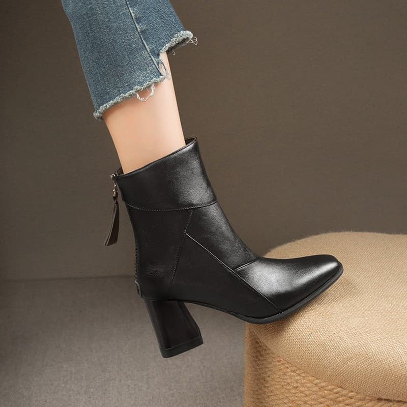 Black Pointed Toe Boots for Women 2025 New Autumn Winter High Heel Ankle Boots Sheepskin Martin Boots Style Slim Boots
