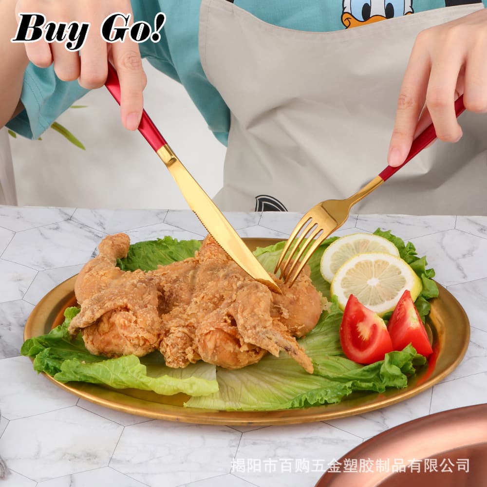 304 Stainless Steel Oval Plate Gold-Plated Round Tray Fried Chicken Snack Shallow Plate Korean BBQ Flat Plate