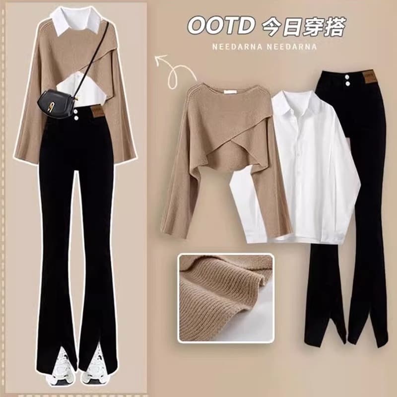 Plus Size Elegant Knit Sweater Shirt Jeans Three-Piece Set Women's Autumn Collection Salt System Matching Outfit 2023 New Sty...