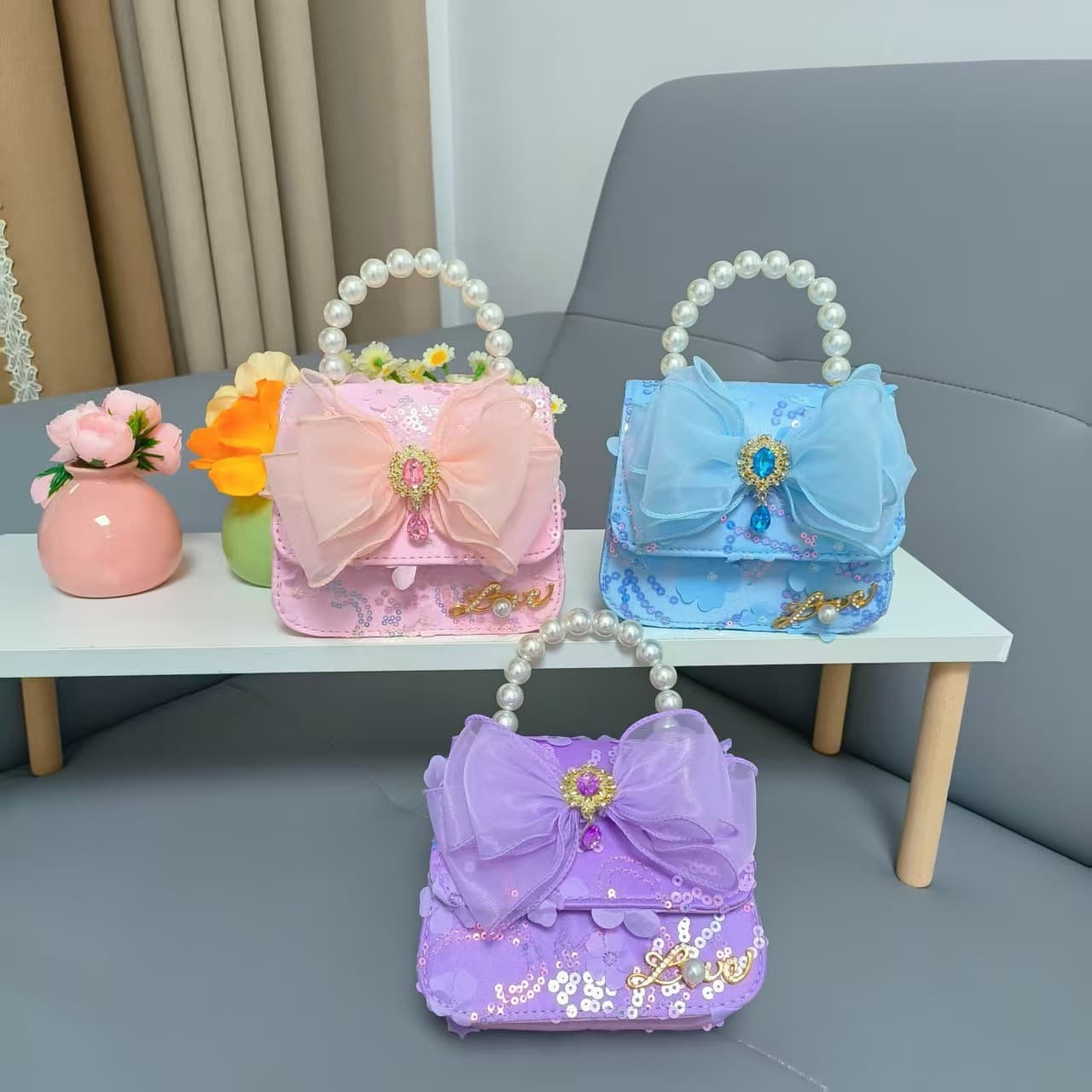 Pearl Handbag Bow Rhinestone Chain Bag Girls' New Year Red Envelope Wallet Shoulder Crossbody Bag Small Square Bag Accessory Bag