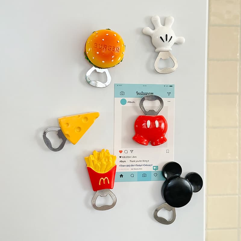 Mickey bottle opener, French fries, burger, household multifunctional creative magnetic beer starter, cute cartoon keychain