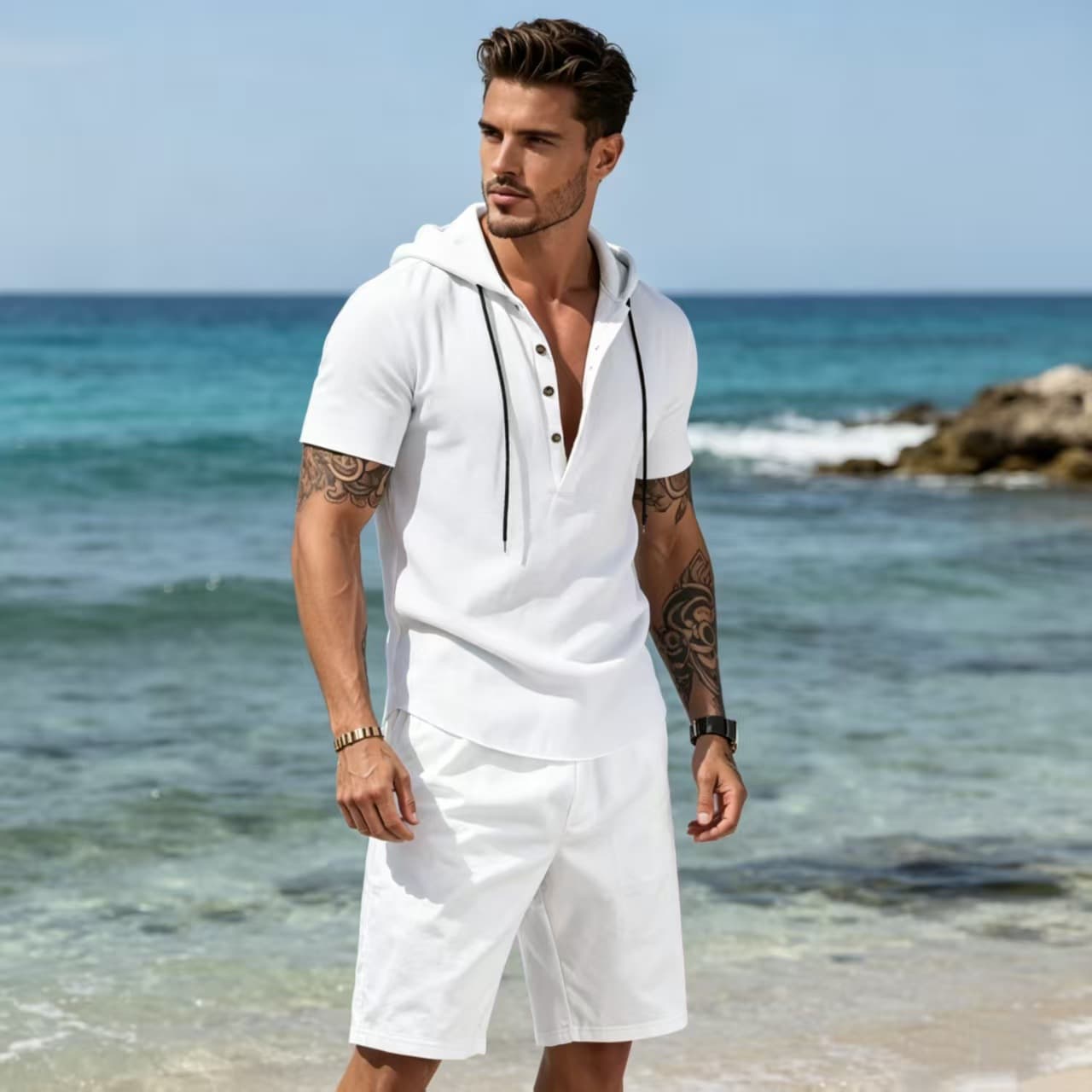 2026 New European and American Cross-Border Summer Short Sleeve and Shorts Set Men's Linen Hooded Beach Casual Short Sleeve Shirt Set