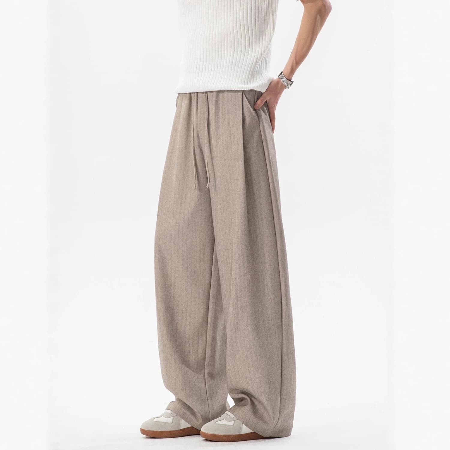 Old Money Style Linen-Like Ice Silk Trousers for Men Summer Loose Flowing Straight-Leg Pants Casual Relaxed Fashion