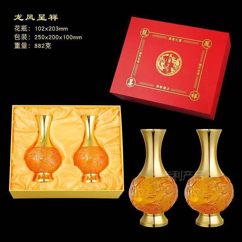 Glass vase with relief alloy carving, dragon and phoenix motif, suitable for home decoration, business gifts.