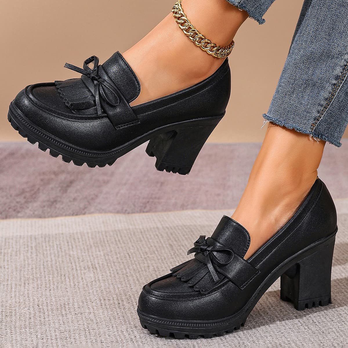 Cross-border Large Size Waterproof Platform Chunky Heel High Heels Women 2026 Spring Autumn New Versatile Loafers Thick Heel Deep Mouth Flats