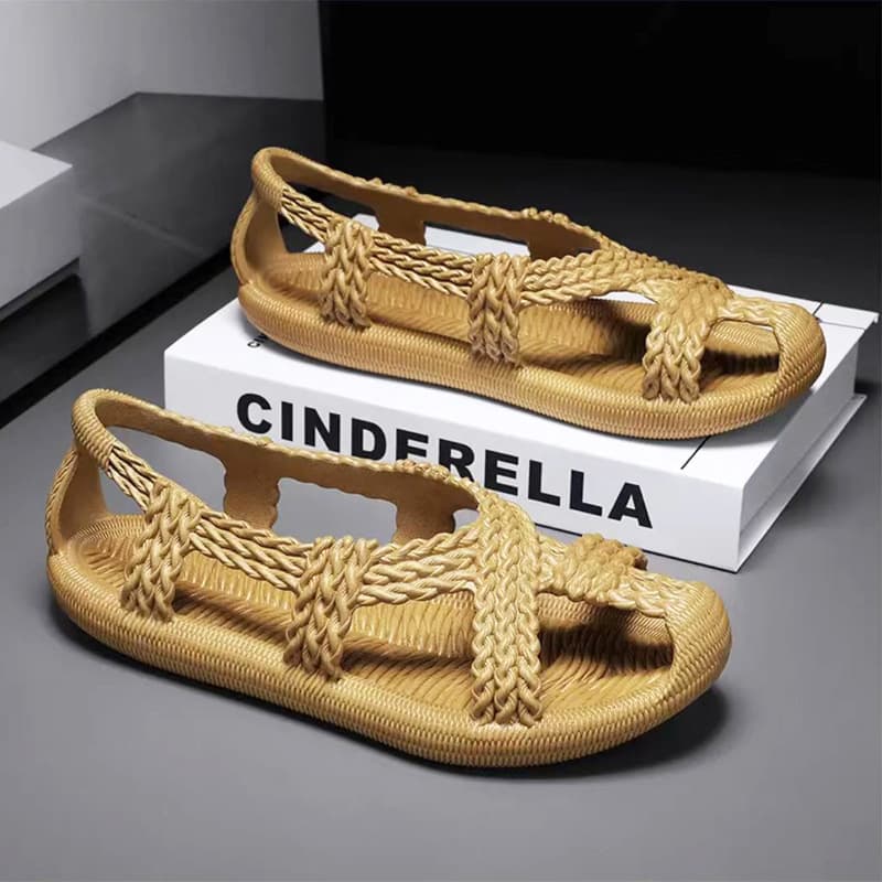 New PVC Woven Grass Sandals Retro Straw Weave Unisex Large Size Beach Casual Driving Sandals