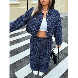 Plus Size Women's Jacquard Denim Set: Short Jacket + Wide-Leg Pants, Trendy Streetwear Two-Piece Set