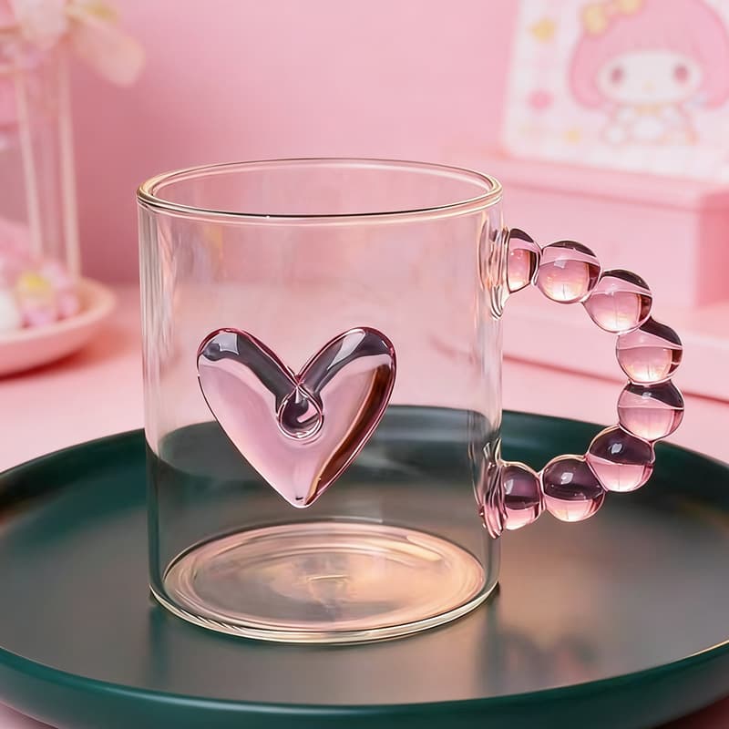 Pink three-dimensional love princess glass color handle juice cup ins wind drinking milk cup high temperature resistant glass cup